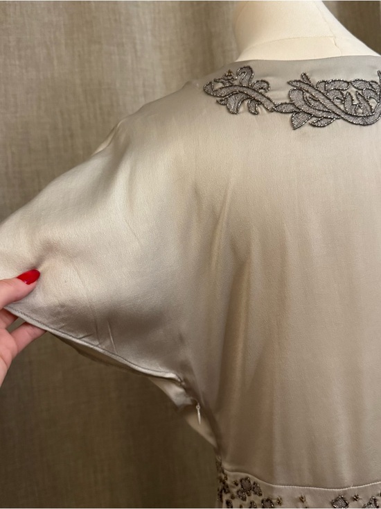 Zara Embroidered Mini Dress Pearl Gray XS Beaded V-Neck - Picture 9 of 15